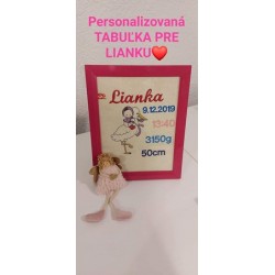 Personalizovaná tabuľka s vyšívanými údajmi o narodení dieťata v rámiku